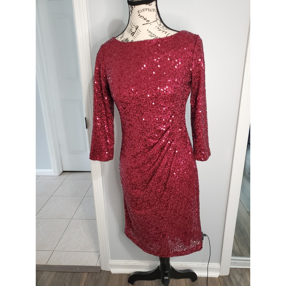 Jessica Howard Red Sequin Ruched Sheath Cocktail Dress 6P Petite Wine Burgundy